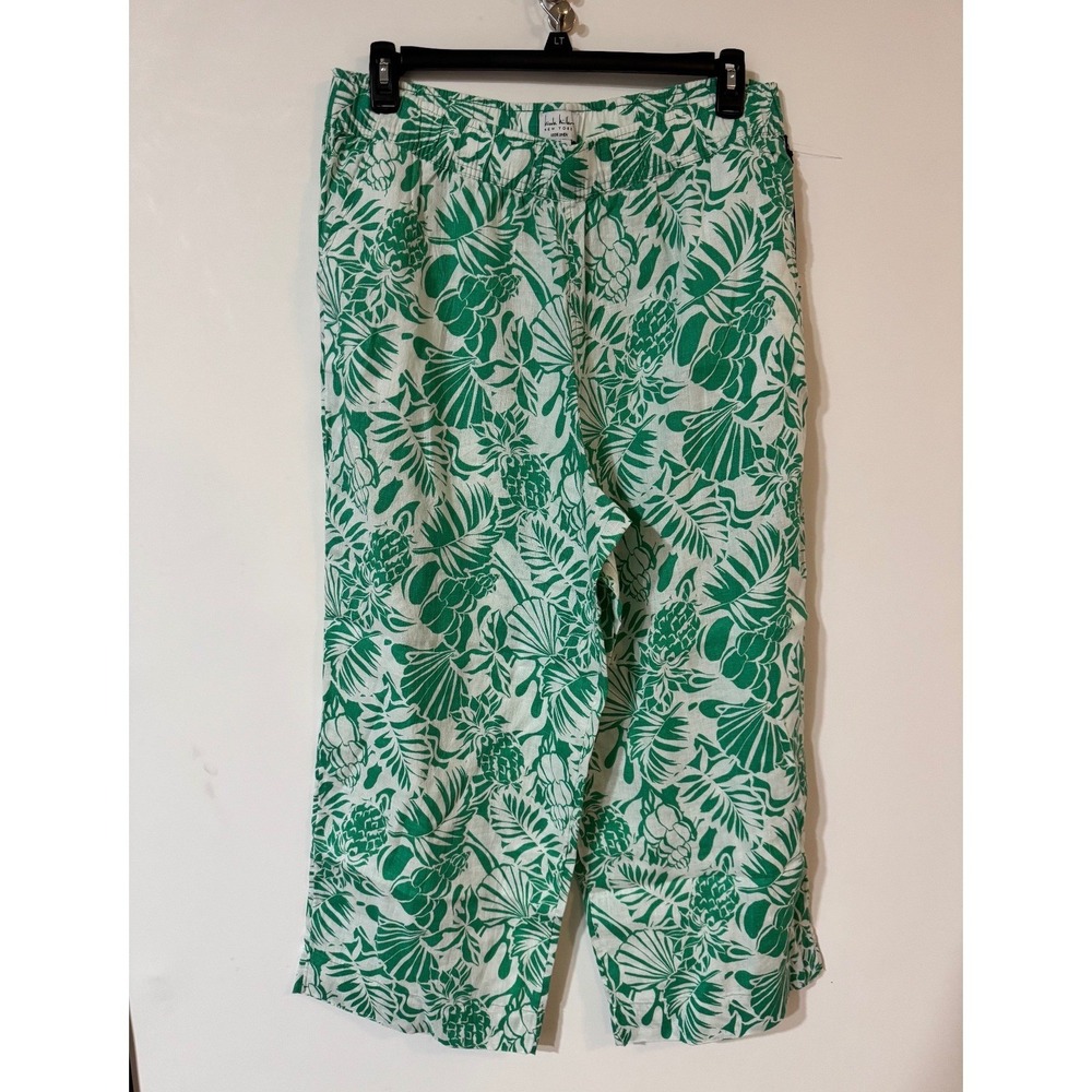 Nicole Miller New York Womens XL Green Tropical Palm Pineapple 100% Linen Pants